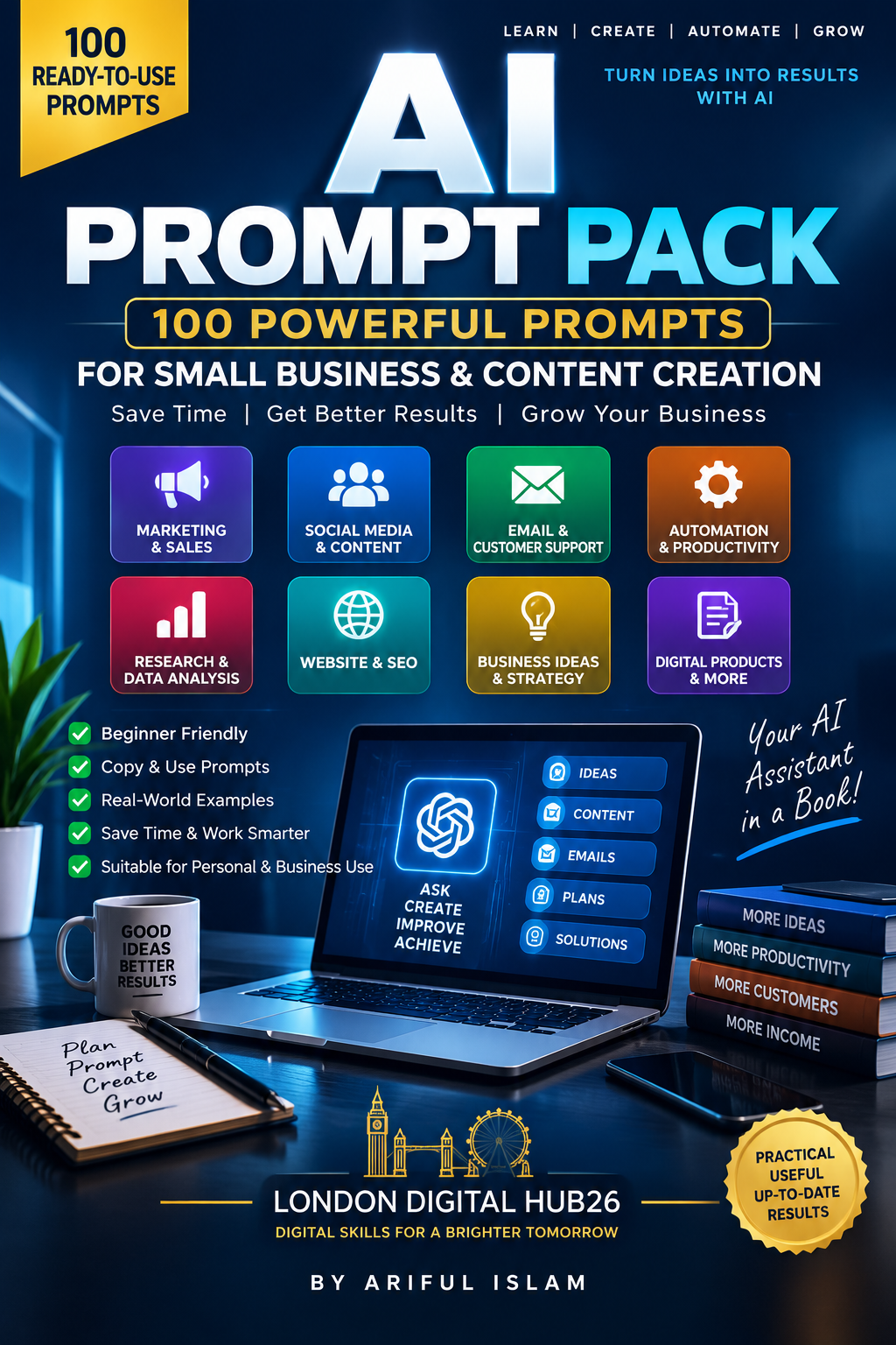 Cover of 100 AI Prompt Pack: 100 ready-to-use prompts for small business and content creation, by Ariful Islam.